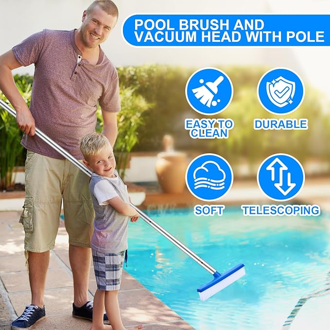Tioncy 5 Pcs Pool Vacuum Cleaning Kit Includes Right Corner Pool Vacuum, 2 Skimmer Nets with 47" Adjustable Pole and 1 Brush for Above Ground Ponds Hot Tub Spa Wall Floor Cleaning Maintenance
