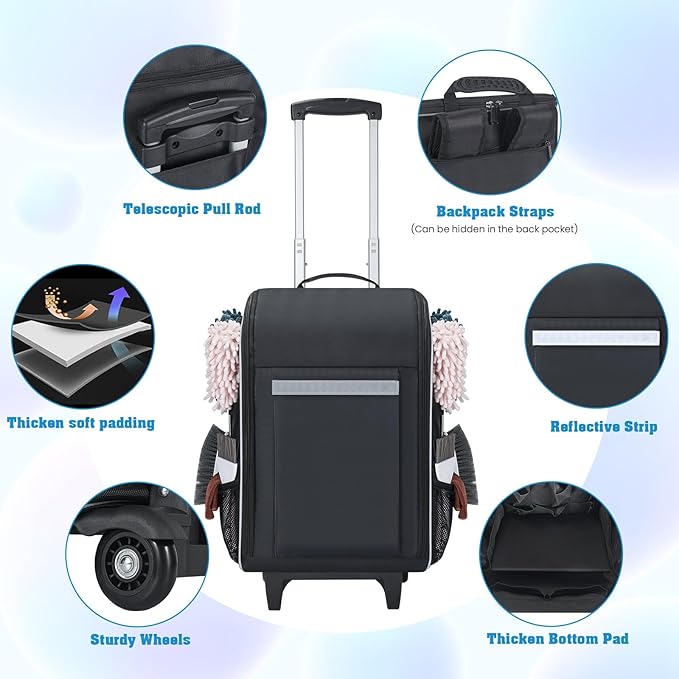 Rolling Cleaning Caddy Backpack with Wheels, Large Capacity Cleaning Supply Organizer Bag with Detachable Trolley & Backpack Strap, Water-Resistant Cleaning Bag for Houskeeper Cleaner