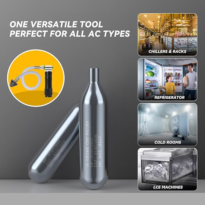 Upgraded Drain Device, AC Drain Line Cleaner Device, AC Drains Line Unclogger Tool, with 6 Unthreaded CO2 Cartridges, with a Flexible Hose to Clear All HVAC Clogs,20 Gram Unthreaded CO2