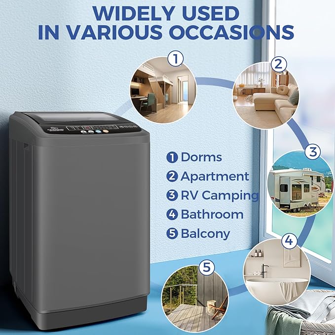 Nictemaw Portable Washing Machine, 20Lbs Capacity Full-Automatic Portable Washer, 2.8Cu.ft Washer and Dryer Combo with 10 Programs 8 Water Levels Laundry Machine for Apartments-Slow-Close Glass Cover