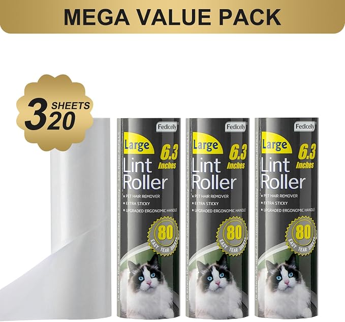 Fedicelly Large Lint Rollers Pet Hair Extra Sticky Refills,Mega Value Set 6.3 inches Wider with 320 Sheets for Cat and Dog Hair Removal,80 Sheets Per Roller - Image 2