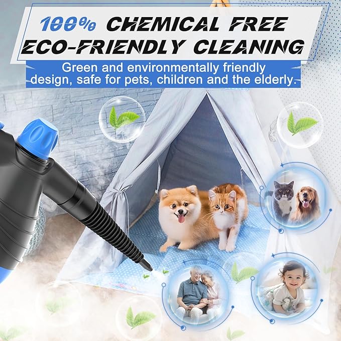 Handheld Pressurized Steam Cleaner, 1050W Multi-Surface Steamer for Cleaning, 9 Accessories Multi-Purpose Steamer for Home Use, Chemical-Free Natural Steam Cleaner for Car Floor Couch Grout (Blue)
