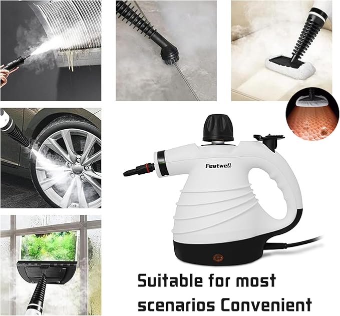Featwell Handheld Steam Cleaner, Pressurized Portable Multi-Surface Steam Cleaner with 12 pcs Accessories, Multi-Purpose Portable Steamer for Cleaning Dirt, Grease, Tile, Floor, Couch, Car
