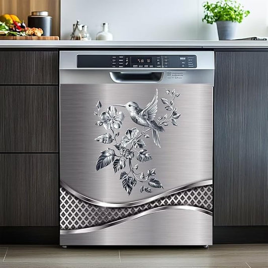 Magnetic Dishwasher Stickers Cover for Front Door,Brushed Silver Stainless Steel Design Bird and Flower Pattern Refrigerator Magnetic Cover Kitchen Decor,Home Appliance Vinyl Sticker 23W x 26H inchs