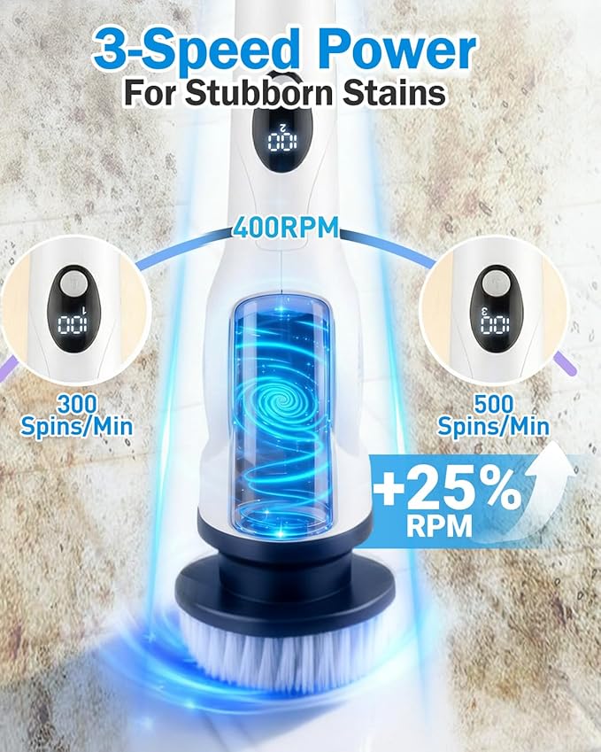 Electric Spin Scrubber, 3-Speed Cordless Shower Scrubber with Long Handle & 10 Replaceable Brush Heads, 90 Mins Runtime & Full-Body IPX7 Waterproof Shower Cleaner Brush for Bathroom Kithchen