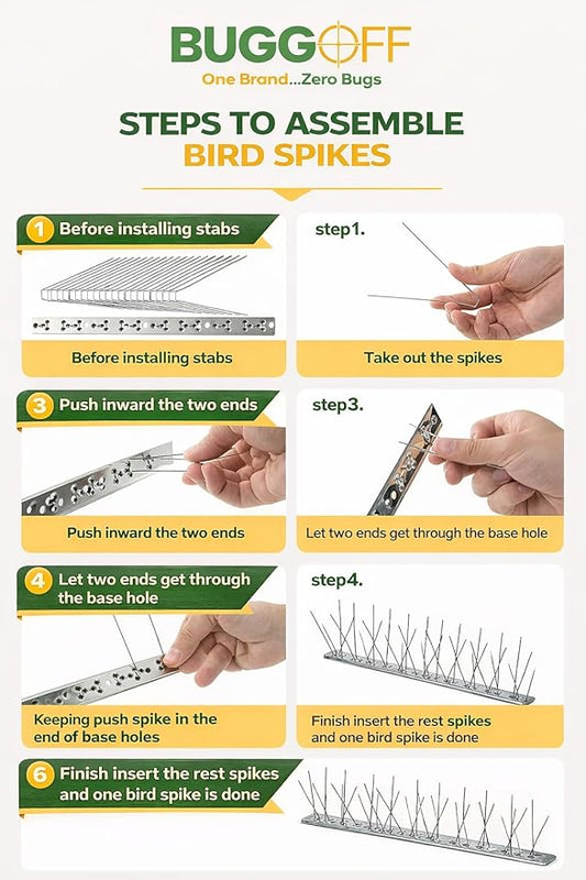 BUGGOFF Bird and Rodent Spikes, 4.5" Tall 10" Long Stainless Steel Anti-Bird Deterrent Strips, Silver, Professional Pest Control for Roofs, Fences, Ledges (100 Pieces / 83.3 Feet)