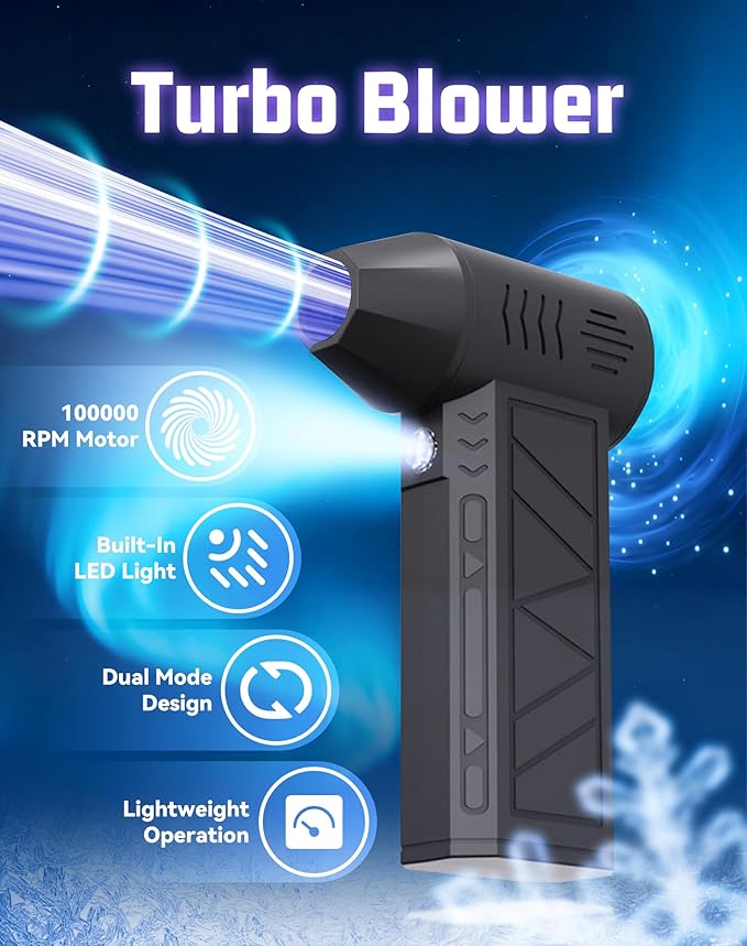 2026 Upgrade Led Turbo Blower, 100,000 RPM Mini Turbos Snow Blower, 3-Speed Modes with Vacuum Kit, Portable Turbo Snow Blower, for Winter Snow and Dust Cleaning (1Pcs)