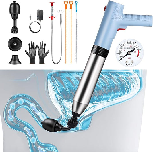 Electric Toilet Plunger - Fast Unclogging Power with High Pressure Air Technology for Clogged Toilets, Sinks, Showers, Bathtubs and Pipes, Heavy Duty Home Drain Unclogger Kit