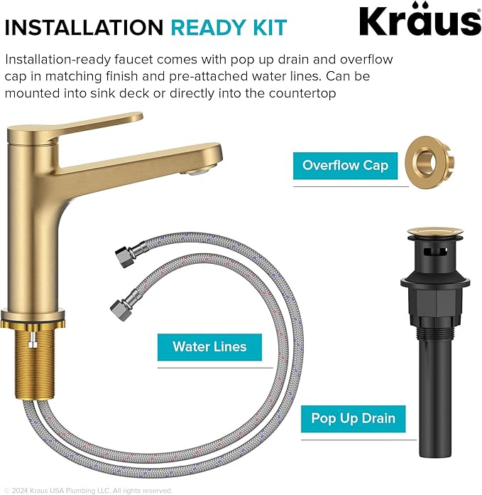 KRAUS Indy Bathroom Faucet in Spot-Free Brushed Brass with Single Handle, Pop Up Drain and Supply Lines, KBF-1411SFBB
