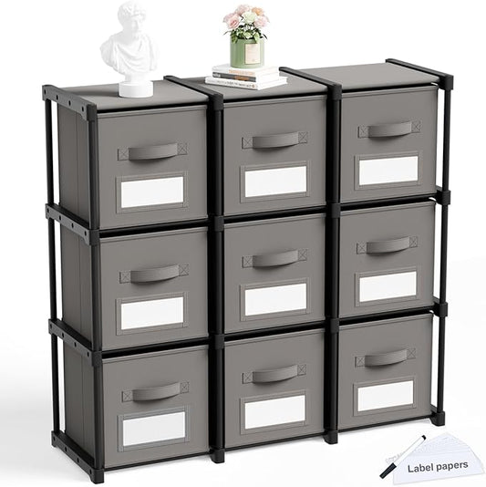 Geelin 9 Sets Cube Storage Organizer Bins with Shelf & Labels 11 Inch, Fabric Collapsible Cubby Toys Clothes Storage Drawer Unit for Daycare Nursery Playroom Bedroom Dorm Organizer (Gray)