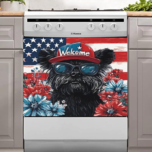 Black Patriotic Puppy Dishwasher Magnet Cover American Flag and Flowers Magnetic Dishwasher Cover Magnets Decorative Cover Refrigerator Appliances Panel Sheets 23" x 17" Magnetic