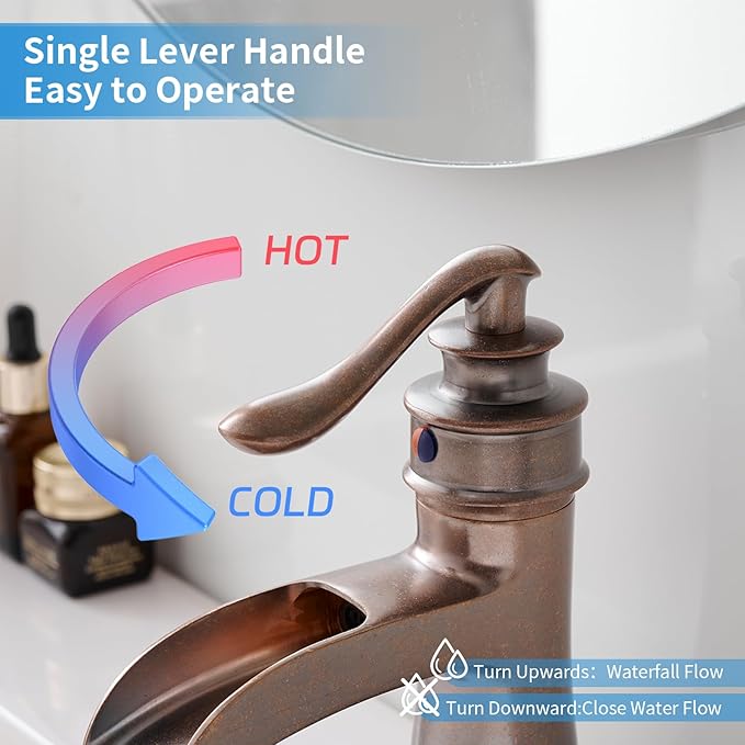 BWE Copper Bathroom Faucet Antique Brass Sink Vanity Basin Single Handle with Pop up Drain Assembly Waterfall Rose Mixer Tap One Hole Lever with Overflow Deck Mount Commercial