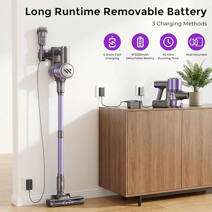 MBTTODF Cordless Vacuum Cleaner,Vacuum Cleaner for Home with Brushless Motor,Lightweight Stick Vacuum with Self-Standing and Touch Screen,Hardwood Floor Vacuum for Pet Hair,Carpets,Tile(Light Purple)