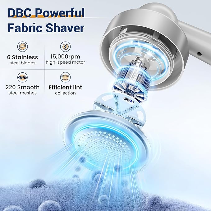 DBC Fabric Shaver Lint Remover for Clothes, Sweaters, Couch & Furniture | 6-Leaf Blade, 3 Speeds, 2H Runtime, Portable Design Perfect for Travel, Includes 2 Extra Blades, Grey - Image 3