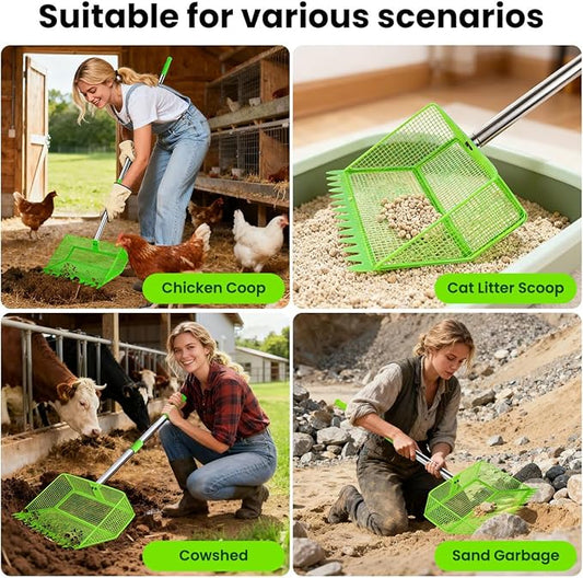 2026 Latest 12inch 2-in-1 Chicken Poop Scooper & Rake with Handle, Heavy-Duty Metal Chicken Coop Scoop for Sand Sifting Shovel Litter Scooper for Farm House Chicken Coop Cleaning Tools Accessories