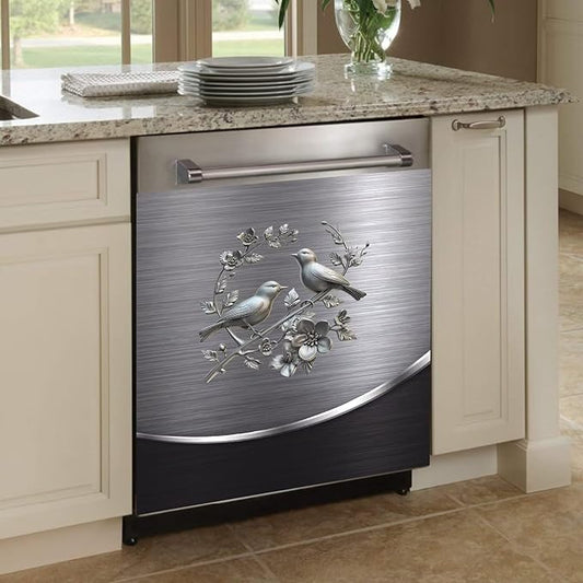 Dishwasher Cover Sheet Magnetic Bird Flower,Grey Metal Silver Pattern Polishing Dishwasher Skin Magnet Decor Silver Texture, 23X26 INCH Steelbird Magnet Rerigerator Wrap, Kitchen Full Panel Decal