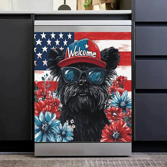 Black Patriotic Puppy Dishwasher Magnet Cover American Flag and Flowers Magnetic Dishwasher Cover Magnets Decorative Cover Refrigerator Appliances Panel Sheets 23" x 26" Magnetic