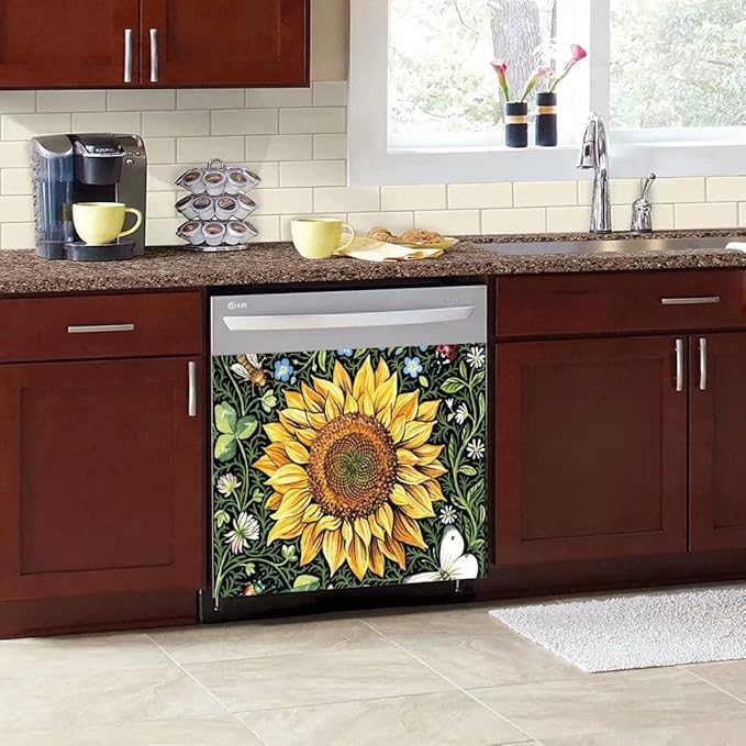 Sunflower Dishwasher Decorative Cover, Home Kitchen Dishwasher Decal Floral Refrigerator Cover Decals, Ordinary 23"x17"INCH