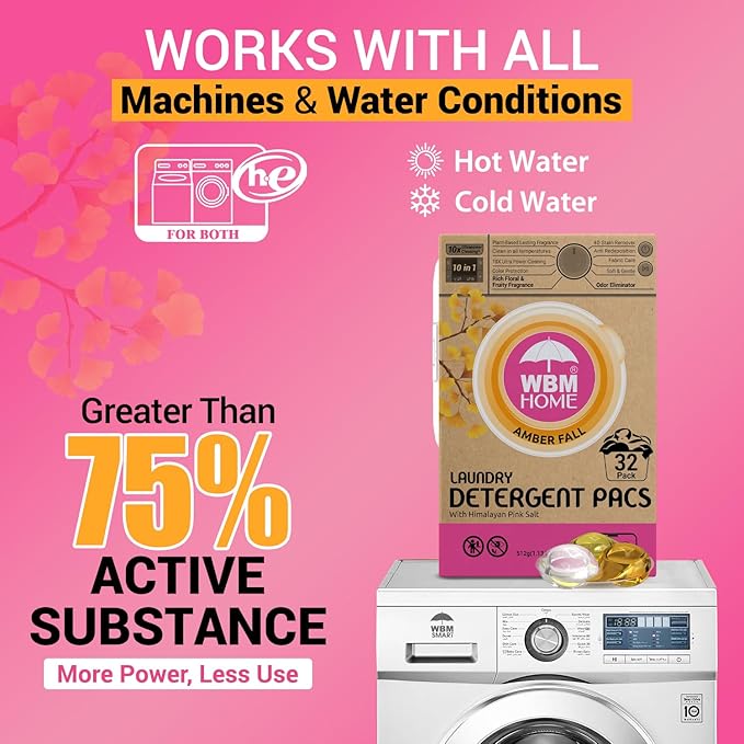 WBM Home Laundry Detergent Pods, Total 128 Count | Amber Fall Fragrance | 10 in 1 Laundry pods Detergent Ultra Power Cleaning with Plant-Based Scent, Extra Protection With 4D Stain Remover