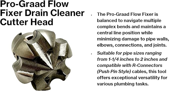 1” Flow Fixer Drain Cleaner Plumbing Snake Cutter Head for 1-1/4" - 2" Pipes, Clears & Scrapes Pipe Inner Walls, with R-Connector (Push Pin Fitting), for Commercial & Residential Use