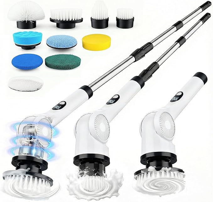 Electric Spin Scrubber, 3-Speed Cordless Shower Scrubber with Long Handle & 10 Replaceable Brush Heads, 90 Mins Runtime & Full-Body IPX7 Waterproof Shower Cleaner Brush for Bathroom Kithchen