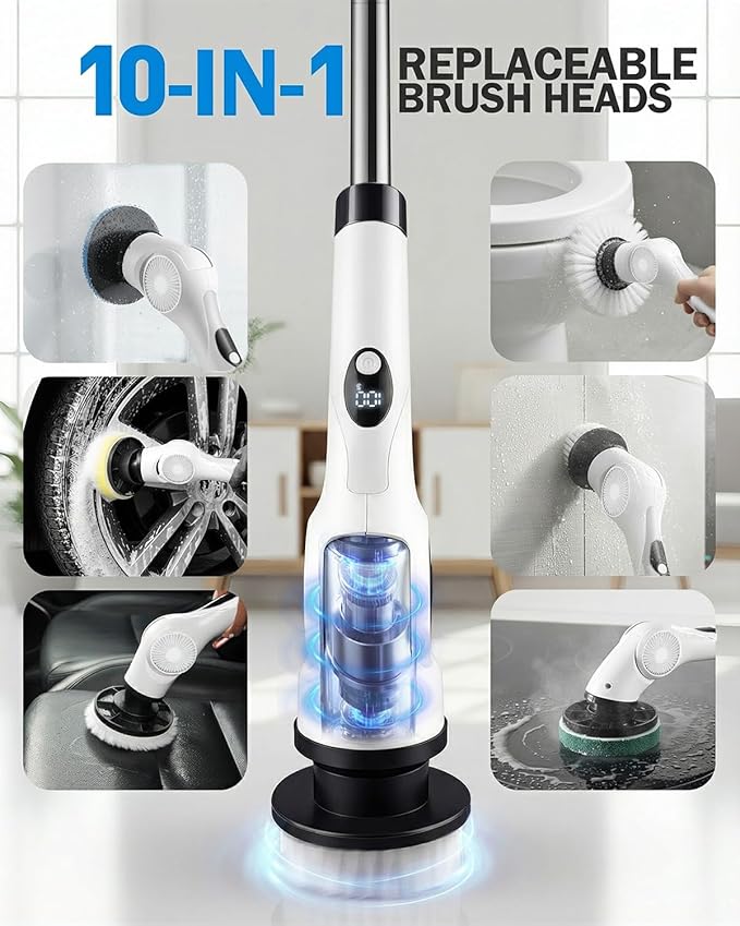 Electric Spin Scrubber, 3-Speed Cordless Shower Scrubber with Long Handle & 10 Replaceable Brush Heads, 90 Mins Runtime & Full-Body IPX7 Waterproof Shower Cleaner Brush for Bathroom Kithchen