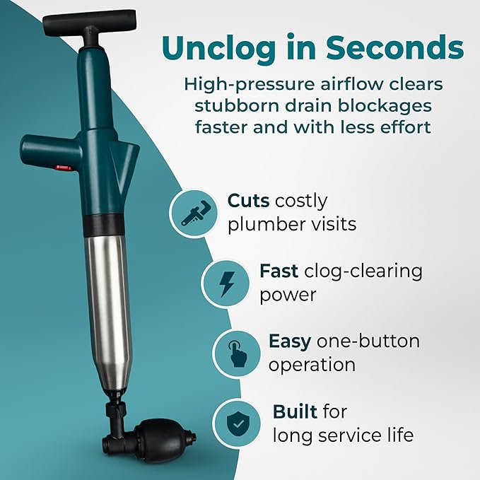 Professional Drain Blaster Gun, High Pressure Air Pump Plunger with Multiple Attachments for Toilet, Sink, Bathroom, Kitchen Clogs, Stainless Steel and Plastic Construction (Green)