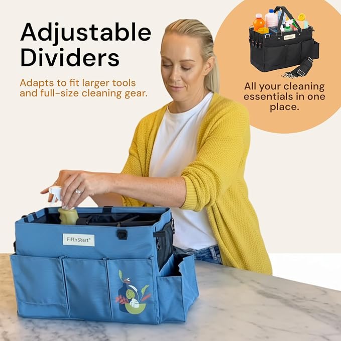 FifthStart Cleaning Supplies Organizer Tote & Caddy - X-Large, Black Nylon - Adjustable Straps for Cleaning Tote - 9 Pockets & Dividers in Organizer Bag - Durable Nylon Construction for Diaper Caddy