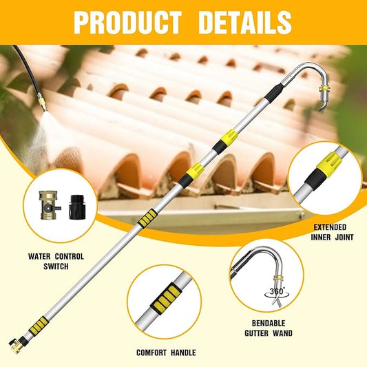 Gutter Cleaning Tools from The Ground, 24FT Reach Rain Cleaner with Bendable Wand and Quick Connect Adapter for Garden Hose