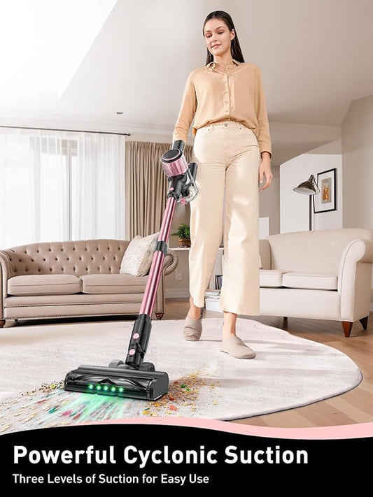 VICEASE Cordless Vacuum Cleaner, 8 in 1 Powerful Suction Lightweight Vacuum Cleaner for Home, LED Display, 3 Suction Modes, 45Mins Detachable Battery Vacuum for Hard Floor Carpet Pet Hair, Pink