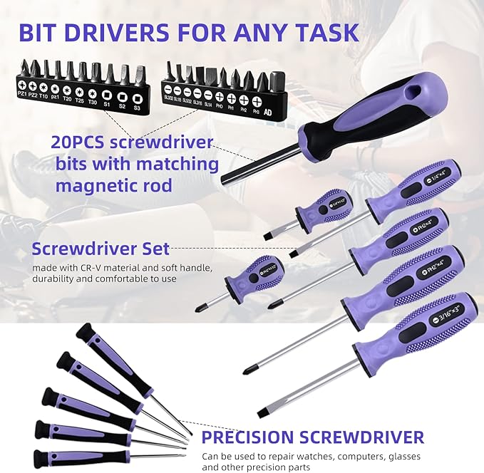 Purple Tool Set,223-Piece Tool Sets for Women,Tool Kit with 13-Inch Wide Mouth Open Purple Tool Bag,The Basic Tool Set is Perfect for Home Maintenance (PURPLE)