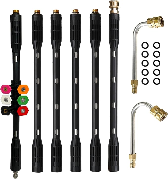Pressure Washer Gutter Cleaning Tools, Upgrade Power Washer Extension Wand with 6 Nozzle Tips, Replacement Power washer Lance with 1/4" Quick Connect 90°, 120° curved rod, 4000 PSI