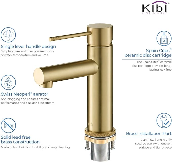 KIBI KBF1010 Solid Brass Single Handle Single Hole Circular X Faucet for Bathroom Sink with Pop Up Drain | High Arc Faucet Spout | Brushed Gold | Corrosion and Rust Resistant