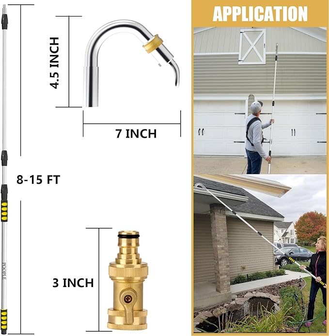 Gutter Cleaning Tools from Ground, 16FT Telescoping Pole (24FT Reach) - Heavy-Duty Zinc Alloy Head, 360° Spray Nozzle & Leak-Proof Kit/11