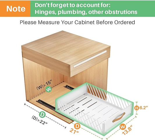 Pull out Cabinet Organizer Fixed with Adhesive Nano Film,Heavy Duty Slide out Pantry Shelves Drawer Storage,Sliding Mesh Cabinet Basket with Handle for Kitchen, Bathroom,Home, 13.8"W X 21"D X6.2"H