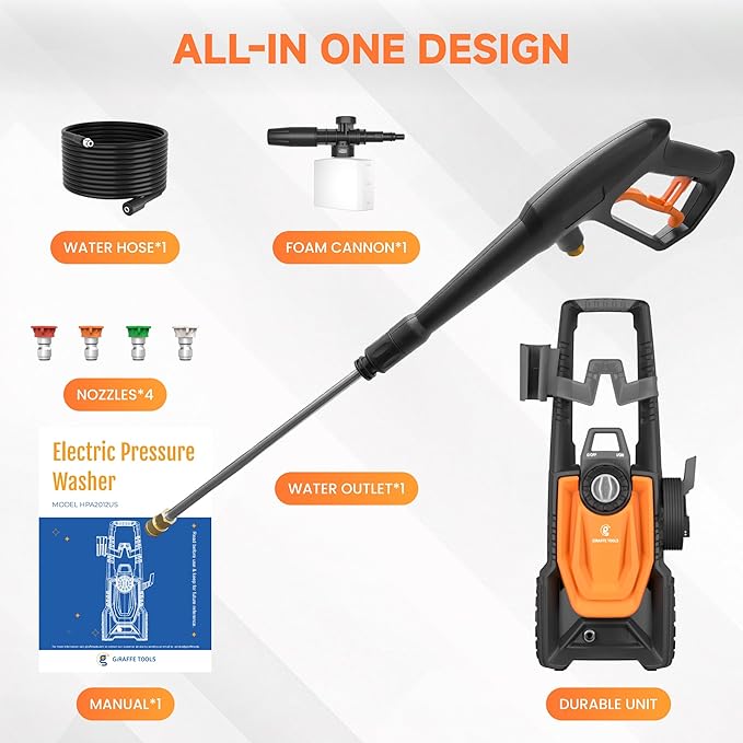 Giraffe Tools Pressure Washer, Max 2400 PSI, 2.3 GPM Electric Power Washer with 4 Quick-Connect Nozzles, Foam Cannon for Cars/Patios/Driveways/Fences