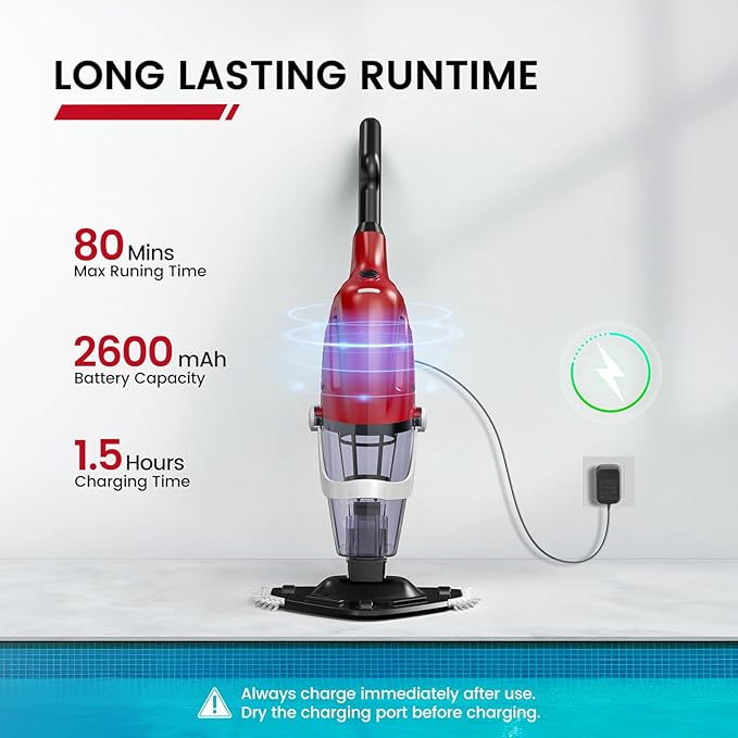 Enhulk Pool Vacuum for Above Ground Pool, 2025 Upgraded Pool Vacuum with A Telescopic Pole, 18.5 Gal/Min Powerful Suction, 80Mins Runtime, Effortlessly Cleans Debris Underwater (Red)