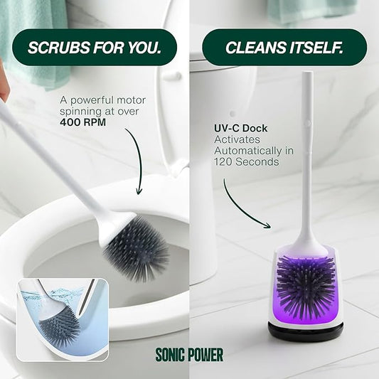 Electric Toilet Brush & Scrubber – Self Cleaning Silicone Toilet Bowl Brush with UVC Light, Rechargeable Wireless Spinning Toilet Brush & Holder Set, Wall Mount or Floor Standing (Pack of 1)