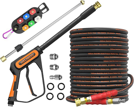 Pressure Washer Gun and Hose Kit, 100FT Kink Resistant 5/16 Power Washer Hose and Wand, 3/8" Swivel Quick Connector & M22-14mm Fitting, 4500 PSI