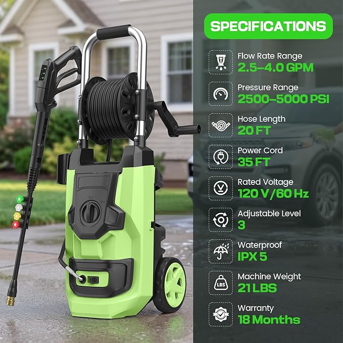 2026 New Pressure Cleaner PSI5000 with 3 Levels Adjustable Pressure Gun, Portable Pull-Handle, 4 Nozzles and Foam Cannon, Heavy Duty Cleaner Machine for Home/Car/Fence/Garden, Green