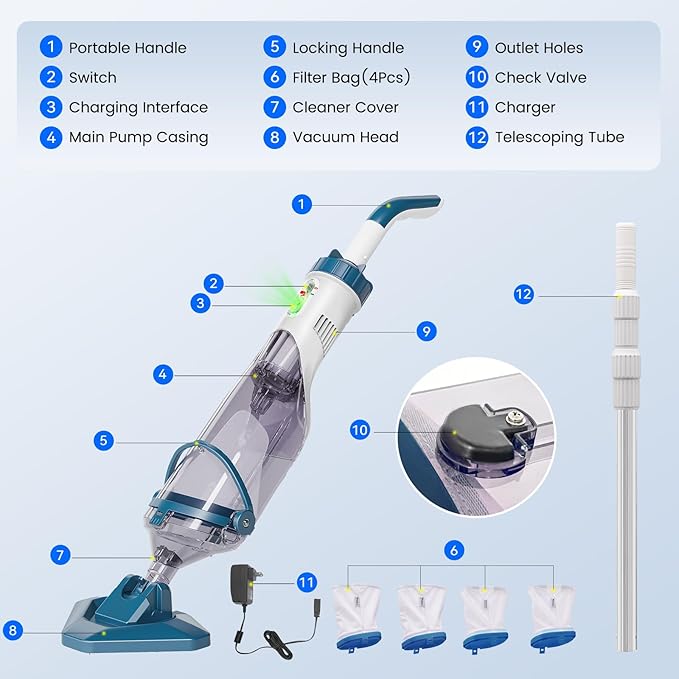 Enhulk Rechargeable Handheld Cordless Pool Vacuum for Above Ground Pool and Inground Pool(2025 Upgraded),60-Minute Runtime,Powerful Suction up to 18.5 gallons/min, Efficient Leaf and Debris Removal