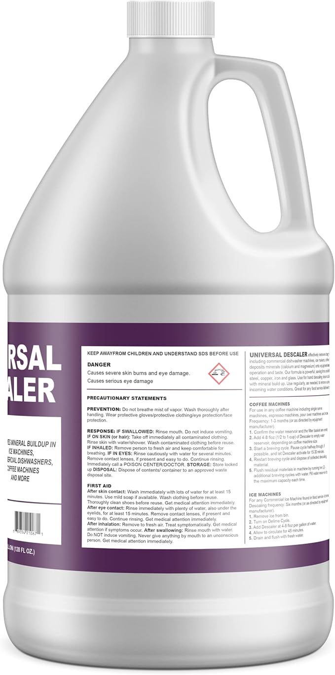 Universal Descaler - 1 Gallon - Commercial Grade Delimer for Dishwasher - Ice Machine Cleaner and Coffee Pot Descaler - Steam Tables - Hand Descaling