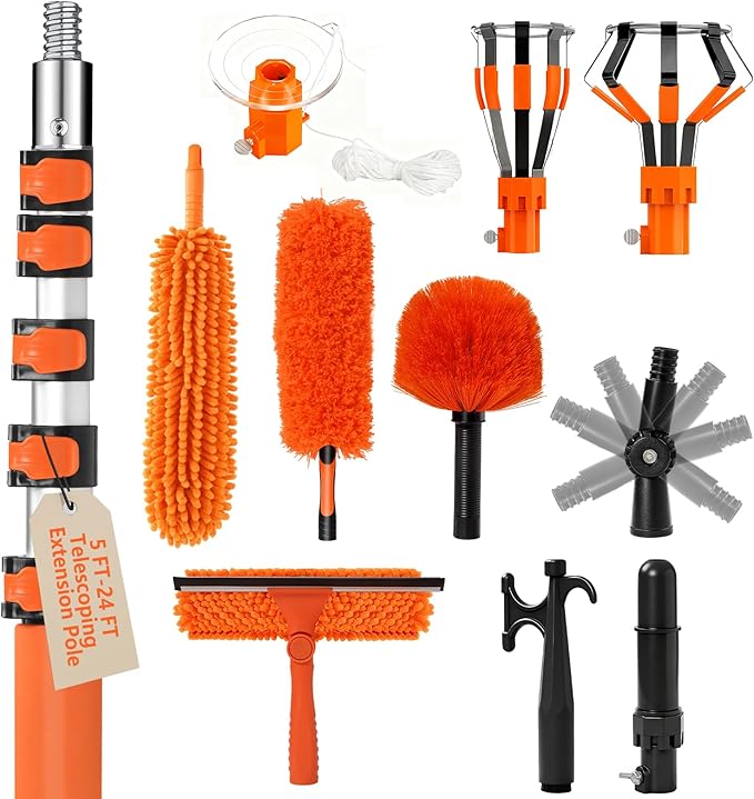30FT Light Bulb Changer for High Ceilings with 5-24FT Heavy Duty Extension Pole,High Ceiling Ceiling Fan Cleaner Duster Kit for Home & House High Window, Interior Roof Window Cleaning Orange