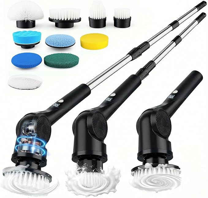 Electric Spin Scrubber, 3-Speed Cordless Shower Scrubber with Long Handle & 10 Replaceable Brush Heads, 90 Mins Runtime & Full-Body IPX7 Waterproof Shower Cleaner Brush for Bathroom Kithchen