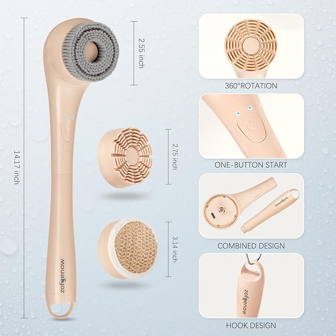 Electric Body Brush, Waterproof Back Scrubber for Shower with Long Handle and 3 Heads, Rechargeable Exfoliating Brush for Body and Foot, Deep Cleansing Massager, Pink