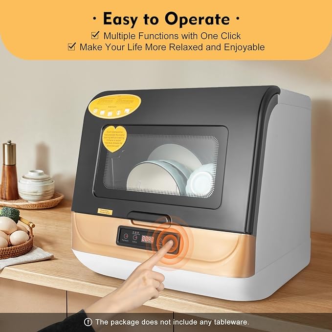 Countertop Dishwasher, 110V 800W Portable Compact Tabletop Dishwasher with 3 Washing Programs, Automatic Dish washer with Water Pipe, Cleaning Machine for Household Kitchen Apartment Boat (Gold)
