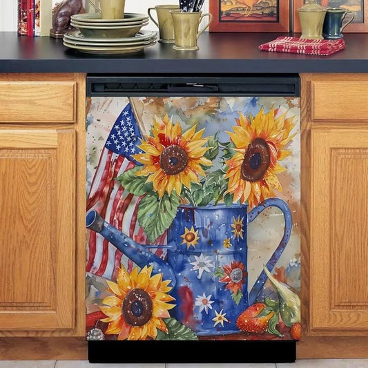 Generic USA Flag Sunflower Dishwasher Face Cover - Magnetic Decorative Farmhouse Flower Stickers, Simple Dishwasher Sticker, Fridge Door Cover, 23Wx26H