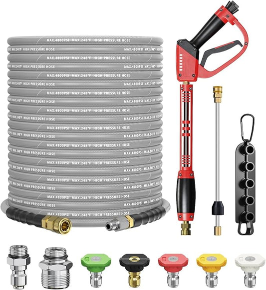 Pressure Washer Gun and Hose Kit, 4800PSI Steel-Braided & Durable - Flexible & Kink-Resistant Power Washer Hose 100 FT with 3/8" Swivel Quick Connector and M22 14mm Adapters Replacement
