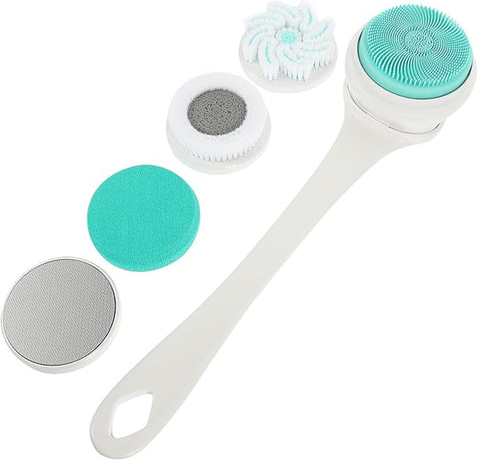 Homoyoyo Electric Waterproof Body Scrubber with 5 Silicone Brush Heads Rechargeable Back Brush for Shower Exfoliating and Dead Skin Removal, White Bath Cleaning Tool for Personal Care