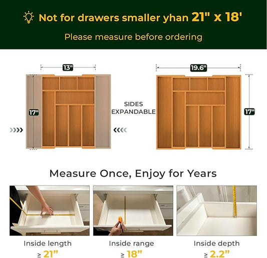 6-Piece Bamboo Drawer Organizer Set, 2.2" Deep Multi-Use Organizers for Utensils, Silverware, Cutlery, Desk, Bathroom, Junk Drawer & Makeup, Non-Slip Feet Included.